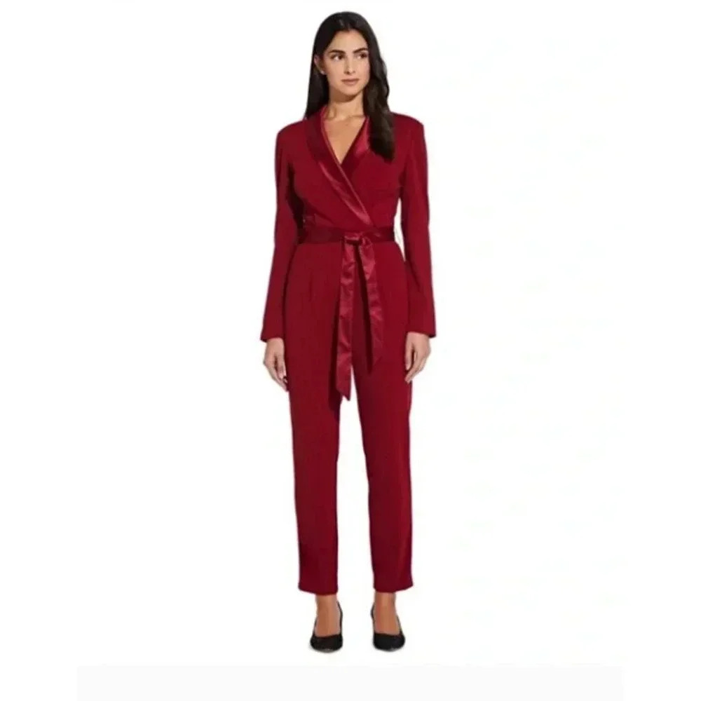 Adrianna Papell Womans Red Satin and Crepe Tuxedo Jumpsuit Size 10 Holiday Party